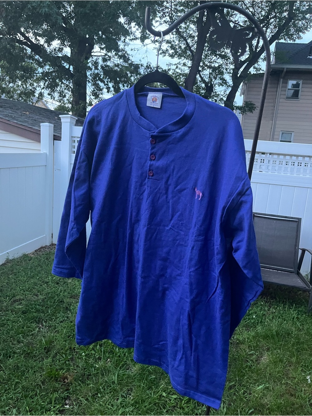 Vintage Camel Men's Blue Henley Shirt with Embroidered Logo size large